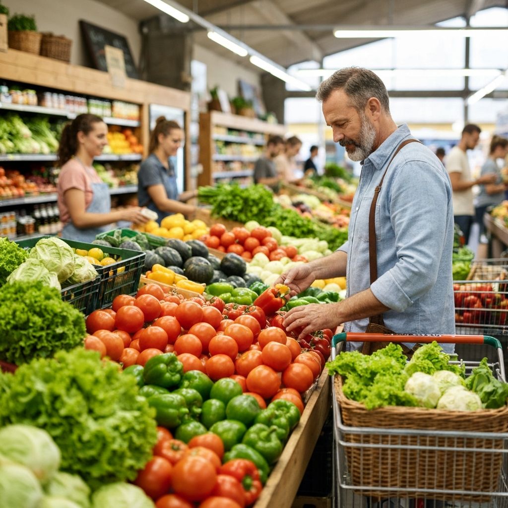 Selecting fresh produce at a farmers market